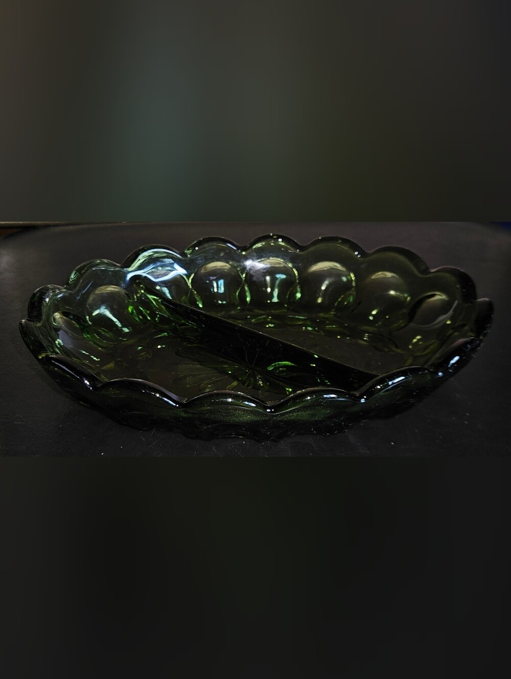 Vintage Anchor Hock Olive Green Glass Oval Serving Dish Divided Scalloped Edge